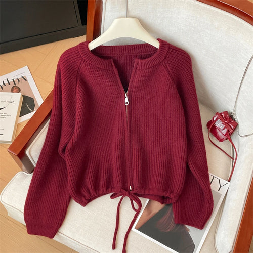 Load image into Gallery viewer, Korean Autumn Winter Beige Grey Long Sleeves Zipper Knit Sweater Women Red Drawstring Round Neck Versatile Short Cardigan Tops
