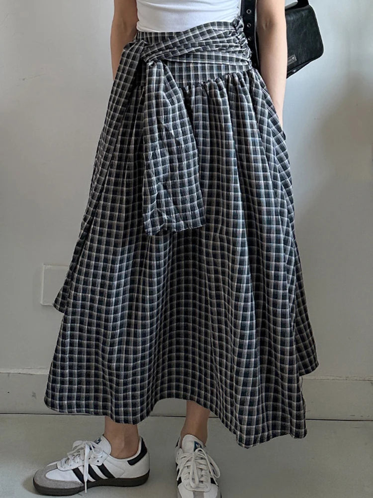 High Waist Black Plaid Bandage Side Zipper A-line Half-body Skirt Women Fashion Tide New Spring Autumn 2025 1DJ1178