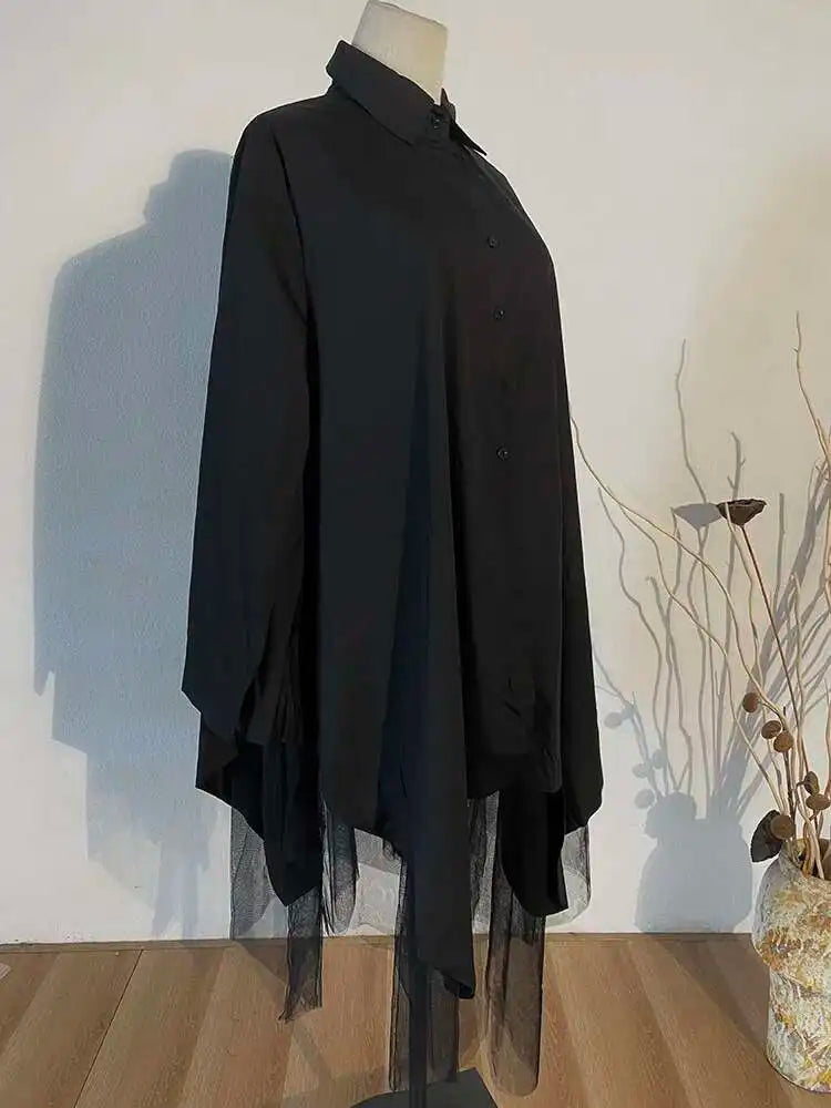 Women Black Irregular Hem Big Size Shirt Dress New Lapel Long Sleeve Loose Fit Fashion Tide Spring Autumn 2025 1DE2485