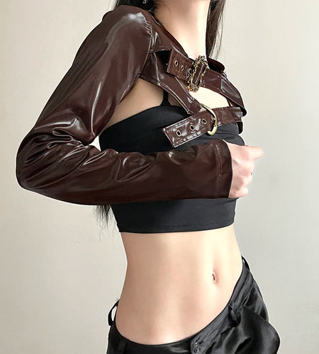 Moto Style Brown Buckle Metal Leather Jacket Smock Top Super Short Streetwear Retro Autumn Coat Female PU Jackets New