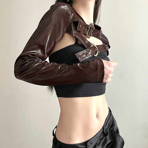 Load image into Gallery viewer, Moto Style Brown Buckle Metal Leather Jacket Smock Top Super Short Streetwear Retro Autumn Coat Female PU Jackets New
