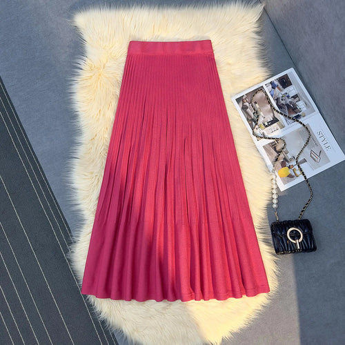 Load image into Gallery viewer, Autumn Winter New Women's Solid Elegant Knitted Long Skirt Elastic High Waist Vacation Party Wrap Hip Pleated Skirts 2024 Casual
