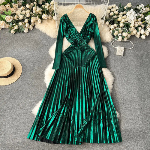 Load image into Gallery viewer, French Women Sexy Formal Green Elegant Backless Pleated Long Dress Autumn V Neck Long Sleeve Ladies Gold Evening Party Prom Gown

