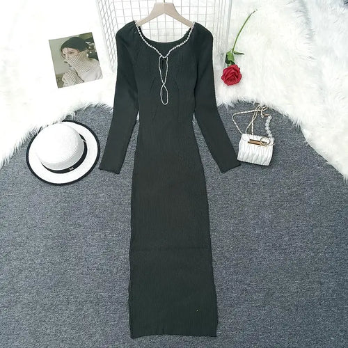 Load image into Gallery viewer, Autumn Winter Women's Solid Diamond Temperament Long Sleeved Dress French Square Neck Office Lady Knitwear Dress 2024 Simplicity
