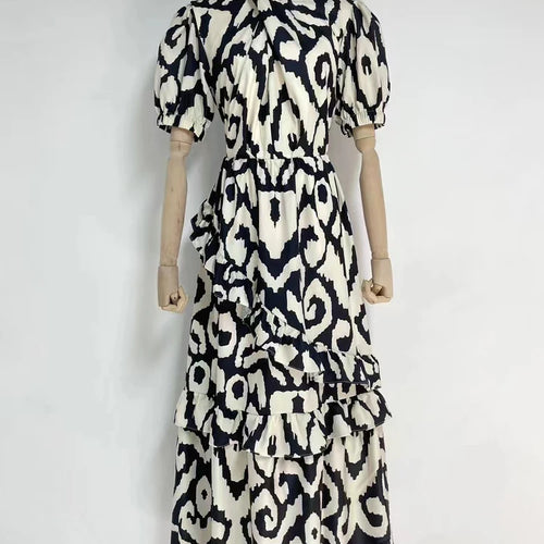 Load image into Gallery viewer, Irregular Ruffles Long Dresses For Women Bow Collar Puff Sleeve High Waist Print A Line Dress Female Summer Fashion Clothing
