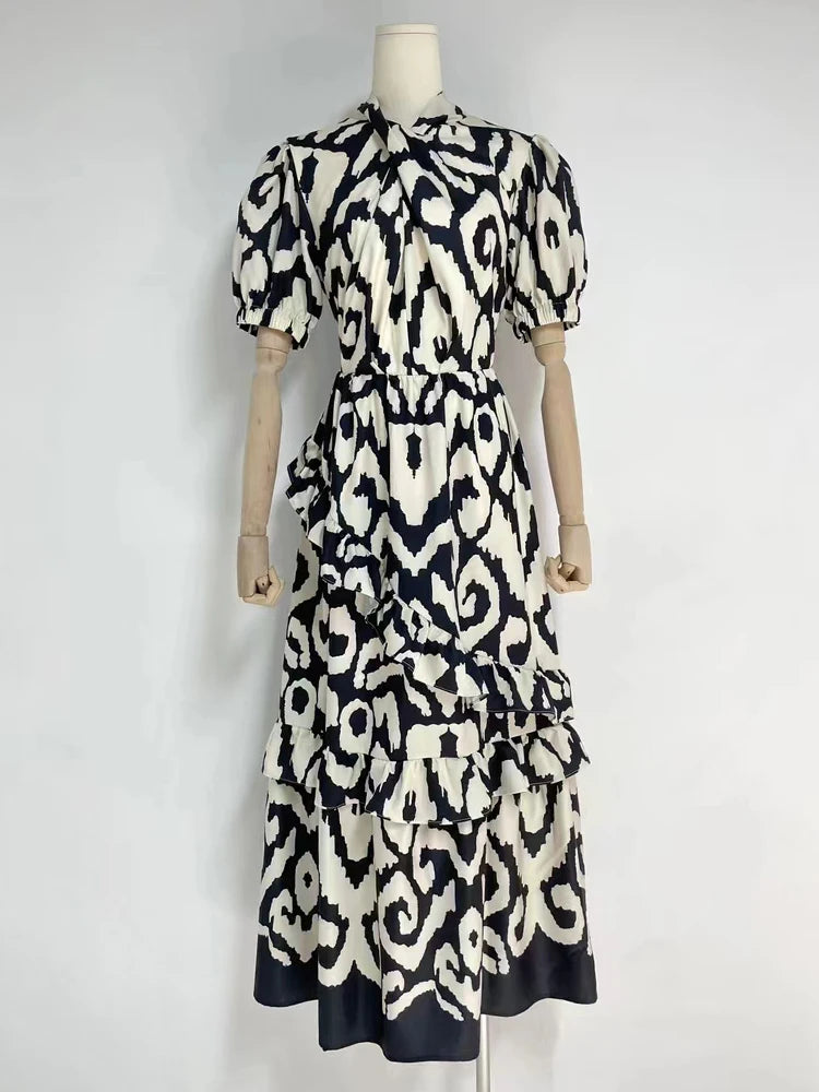 Irregular Ruffles Long Dresses For Women Bow Collar Puff Sleeve High Waist Print A Line Dress Female Summer Fashion Clothing