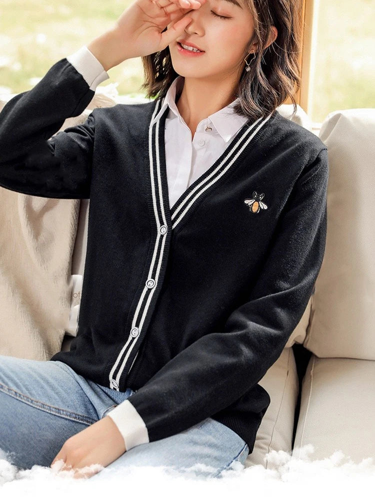 European Style Spring Autumn Women Bee Embroidery Sweater Elegant V-neck Knitted Loose Striped Long Sleeve Cardigan  C-103