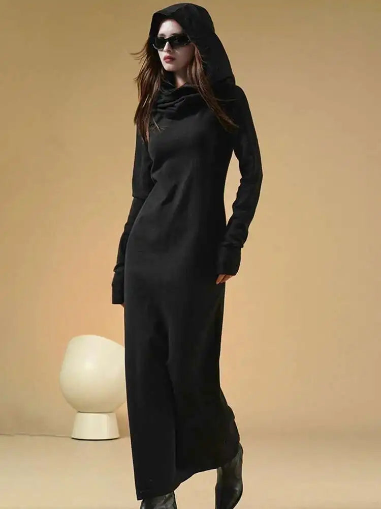 Women Oat Color Knitting Ankle Length Dress New Hooded Long Sleeve Loose Fit Fashion Tide Spring Autumn 2025 1DH3764