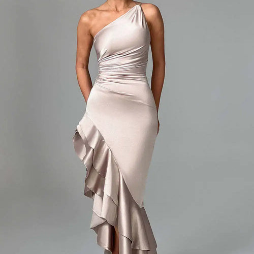 Load image into Gallery viewer, Elegant Satin Sleeveless Bodycon Ruffle Irregular Long Dress Women Sexy Backless Party Evening Dress Autumn New Vestido
