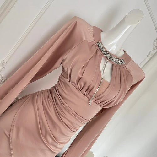 Load image into Gallery viewer, Autumn Women Pink Diamond Round Neck Hollow Out Party Mini Dress French New High Waist Sexy Elegant Wrap Hip Pleated Short Dress
