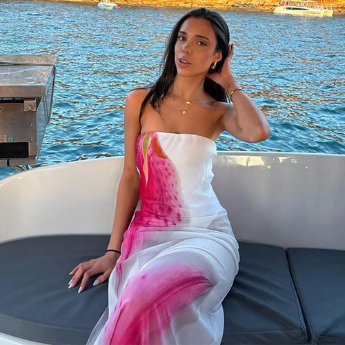 Load image into Gallery viewer, Mesh Floral Print Sexy Maxi Dress For Women Gown Off-shoulder Strapless Sleeveless Backless Bodycon Club Long Dress
