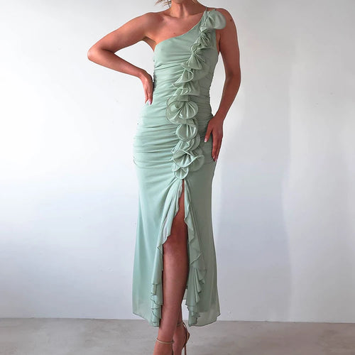 Load image into Gallery viewer, One Shoulder Draped Ruffle Maxi Dress Women Gown Fashion Diagonal Collar Backless Sleeveless Split Long Dress Elegant
