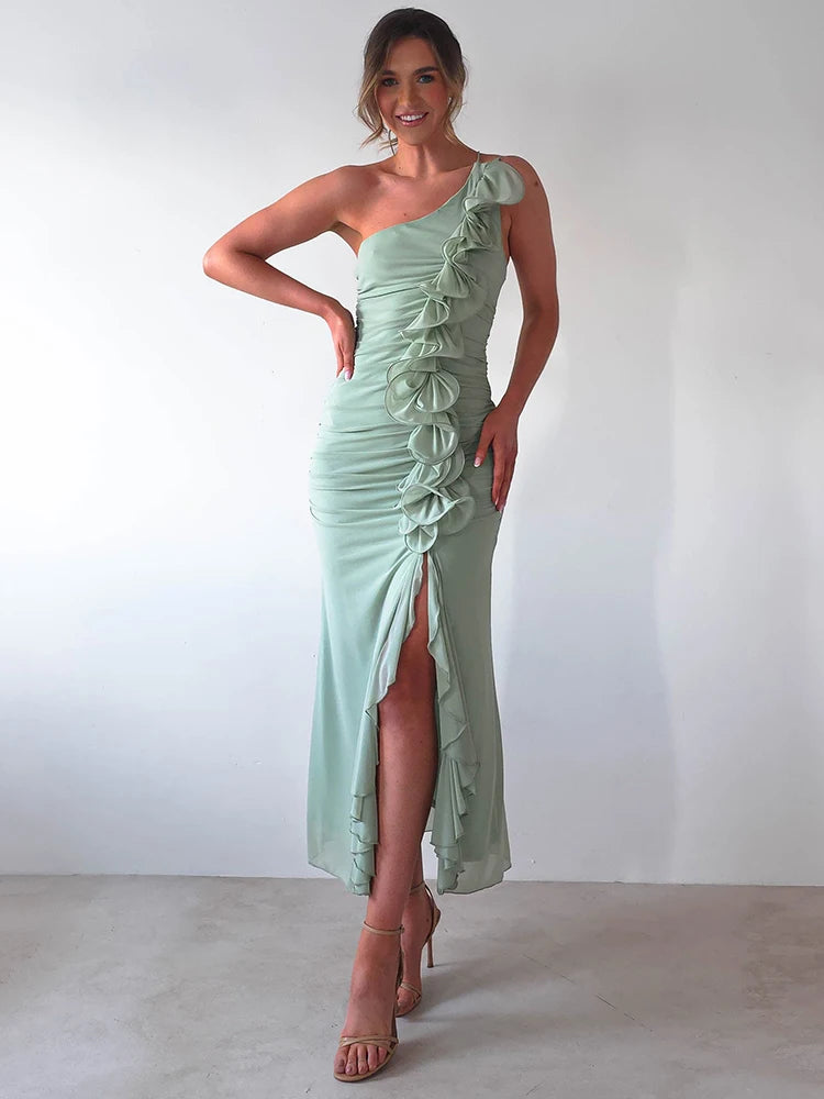 One Shoulder Draped Ruffle Maxi Dress Women Gown Fashion Diagonal Collar Backless Sleeveless Split Long Dress Elegant