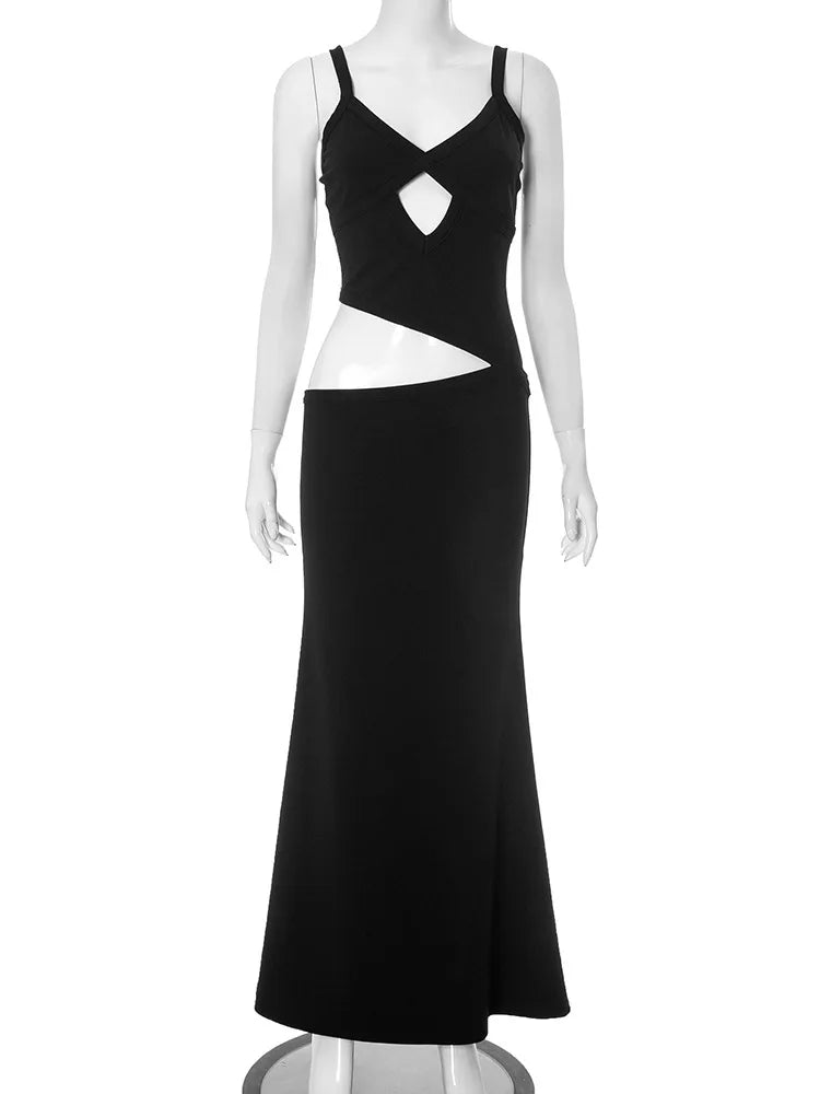 Hollow Out Backless Sexy Maxi Dress Women Gown Spaghetti Strap Sleeveless Irregular Slim Club Long Dress 2025 Summer