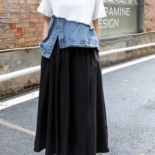 Load image into Gallery viewer, Women White Denim Irregular Big Size Casual T-shirt New Round Neck Short Sleeve Fashion Tide Spring Summer 2025 1DJ0557
