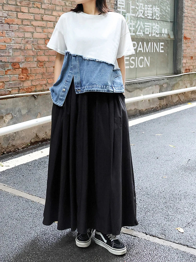 Women White Denim Irregular Big Size Casual T-shirt New Round Neck Short Sleeve Fashion Tide Spring Summer 2025 1DJ0557