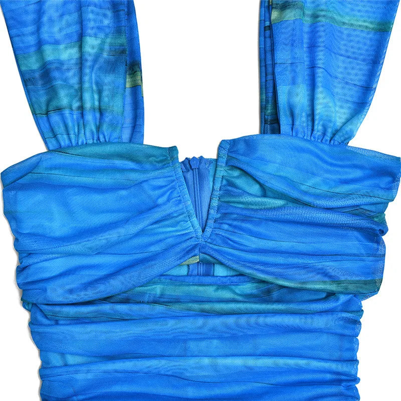 Striped Backless Ruched Midi Dress Women Two Layer Mesh Spaghetti Strap Sleeveless Bodycon Sexy Print Fishtail Dress