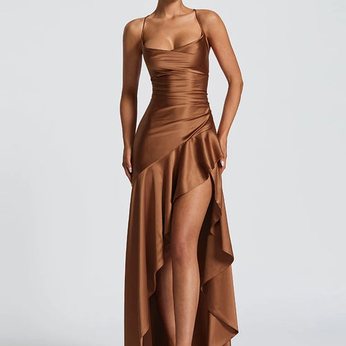 Load image into Gallery viewer, Ruffles Spaghetti Strap Women Maxi Dress Sexy Backless Bandage High Split A-line Long Dresses Elegant Evening Partywear
