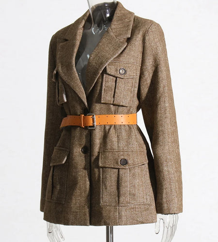 Patchwork Belt Casual Jackets For Women Notched Collar Long Sleeve Spliced Buttons Vintage Streetwear Coat Female