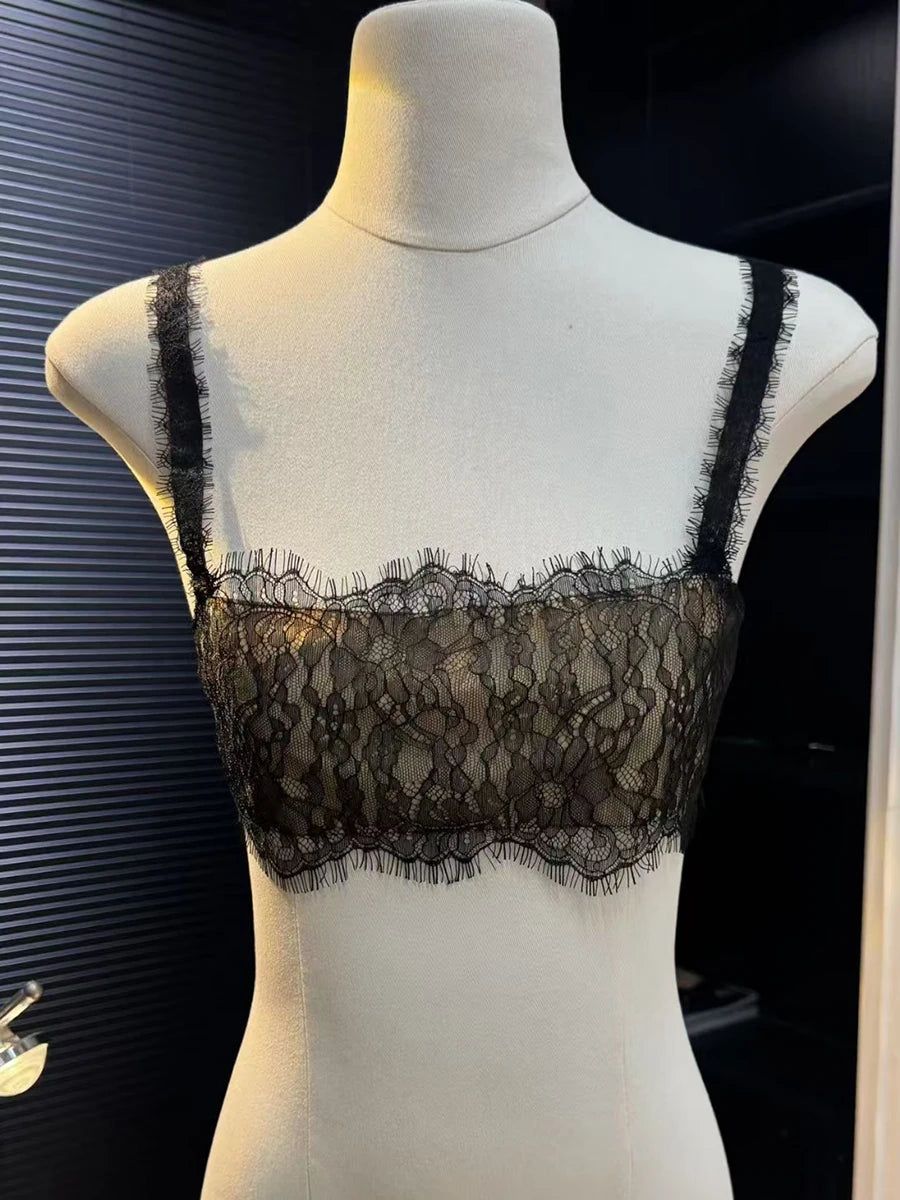 Solid Spliced Lace Minimalist Vests For Women Square Neck Sleeveless Sexy Chic Vest Female Fashion Style Clothes