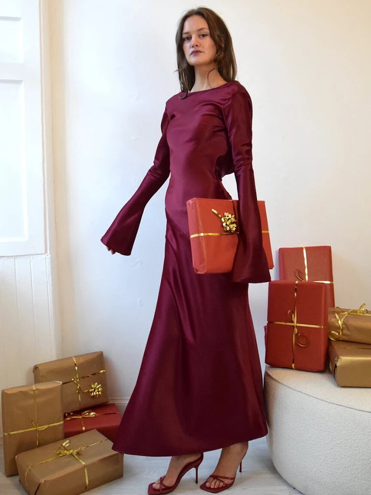 Elegant Christmas Evening Dress Women Long Sleeve Dress Bodycon Max Female Vestidos High Grade Satin Party Club Clothing