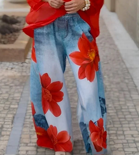 Spring Summer Women's Flower Printed Loose Trendy Casual Hight Waist Wide Leg Trousers Bottoms for Woman