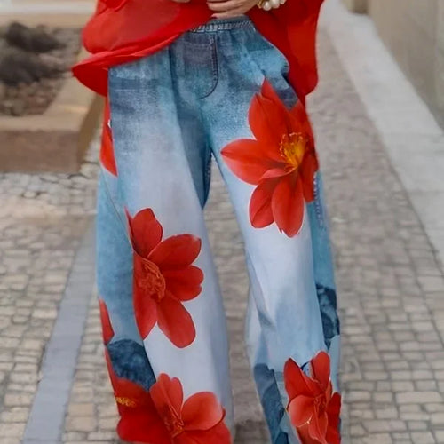 Load image into Gallery viewer, Spring Summer Women&#39;s Flower Printed Loose Trendy Casual Hight Waist Wide Leg Trousers Bottoms for Woman
