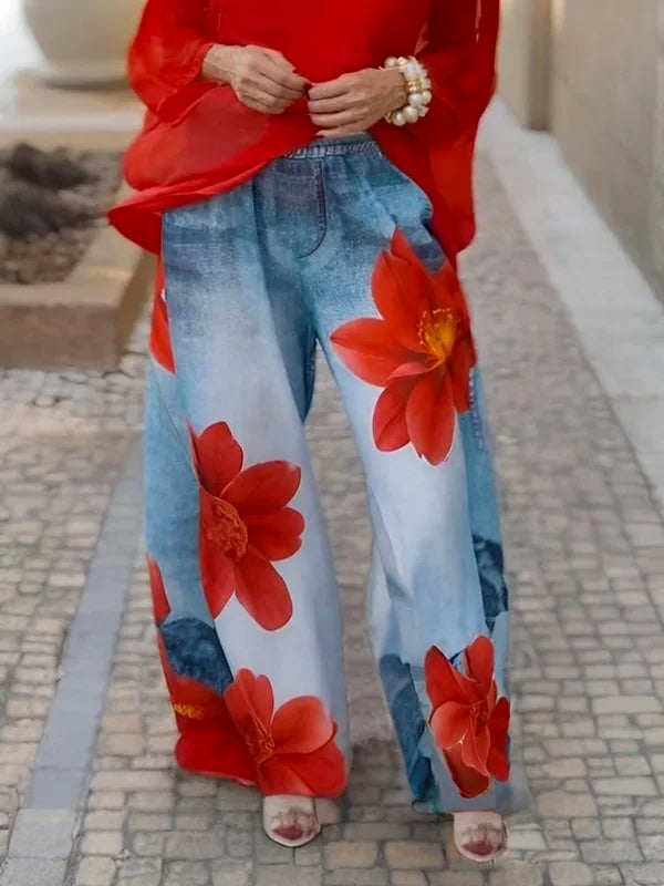 Spring Summer Women's Flower Printed Loose Trendy Casual Hight Waist Wide Leg Trousers Bottoms for Woman