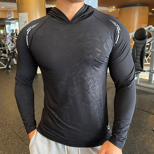 Load image into Gallery viewer, Gym Men T Shirt Casual Long Sleeve Slim Tops Tees Elastic T-shirt Sports Fitness Thin Comfort Breathable Quick Dry Hooded
