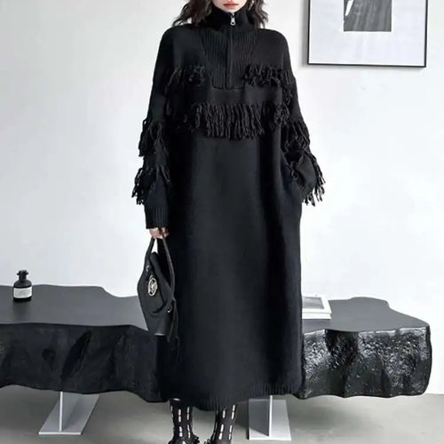 Load image into Gallery viewer, Women Black Tassels Knitting Big Size Midi Dress New Turtleneck Long Sleeve Loose Fit Fashion Spring Autumn 2025 1DH1601

