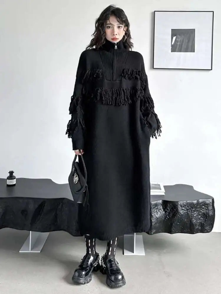 Women Black Tassels Knitting Big Size Midi Dress New Turtleneck Long Sleeve Loose Fit Fashion Spring Autumn 2025 1DH1601