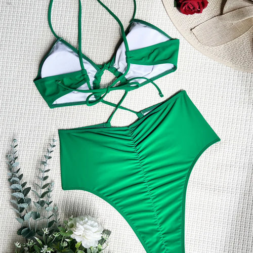 Load image into Gallery viewer, Green Hollow Out One Piece Swimsuit 2025 Swimwear Women Sexy Bathing Suit Backless Swimwear Push Up Bodysuit
