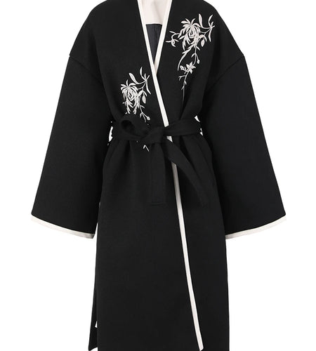 Black Embroidery Belted Big Size Woolen Coat New V-neck Long Sleeve Women Jacket Fashion Tide Autumn Winter 2025 CPG1079