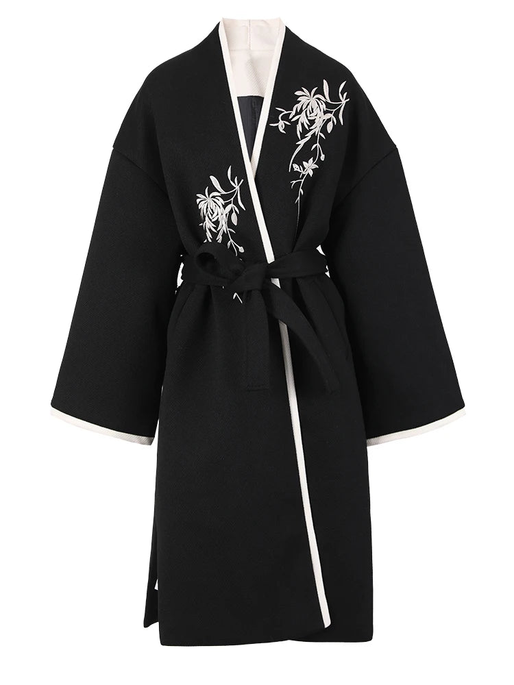 Black Embroidery Belted Big Size Woolen Coat New V-neck Long Sleeve Women Jacket Fashion Tide Autumn Winter 2025 CPG1079