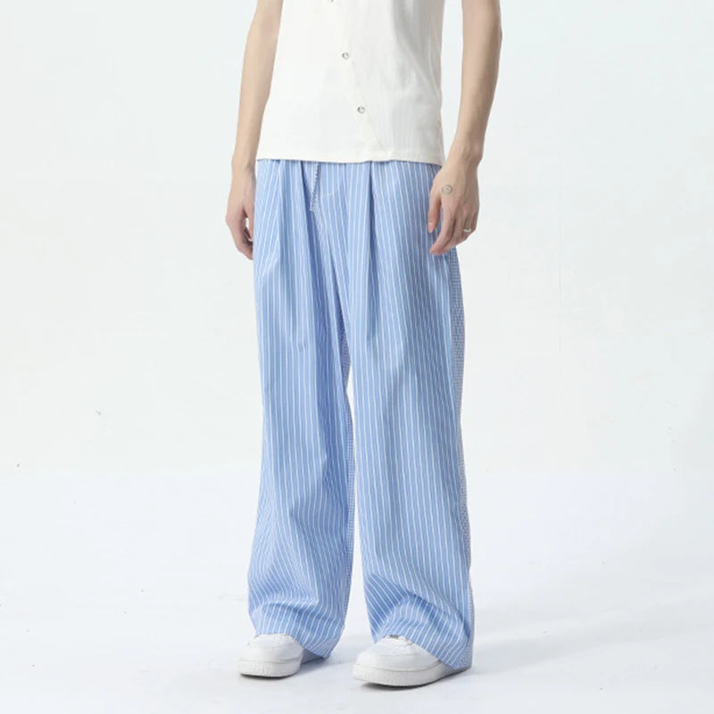 Casual Pants Korean Style Stripe Solid Color Trend Summer Lace-up Elastic Waist Male Wide Leg Trousers 9C5441