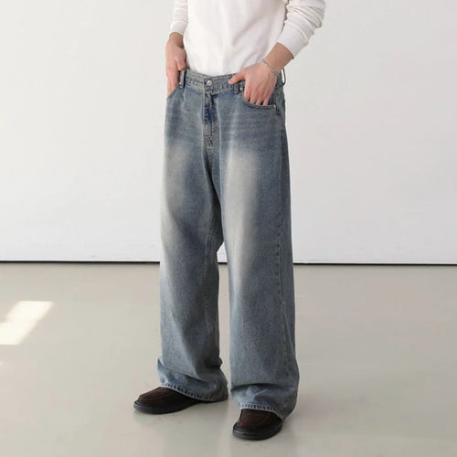 Load image into Gallery viewer, Korean Style Men&#39;s Denim Pants Worn-out Wshing Straight Casual Trousers Wide Leg Loose Solid Color Male Jeans 9C6909
