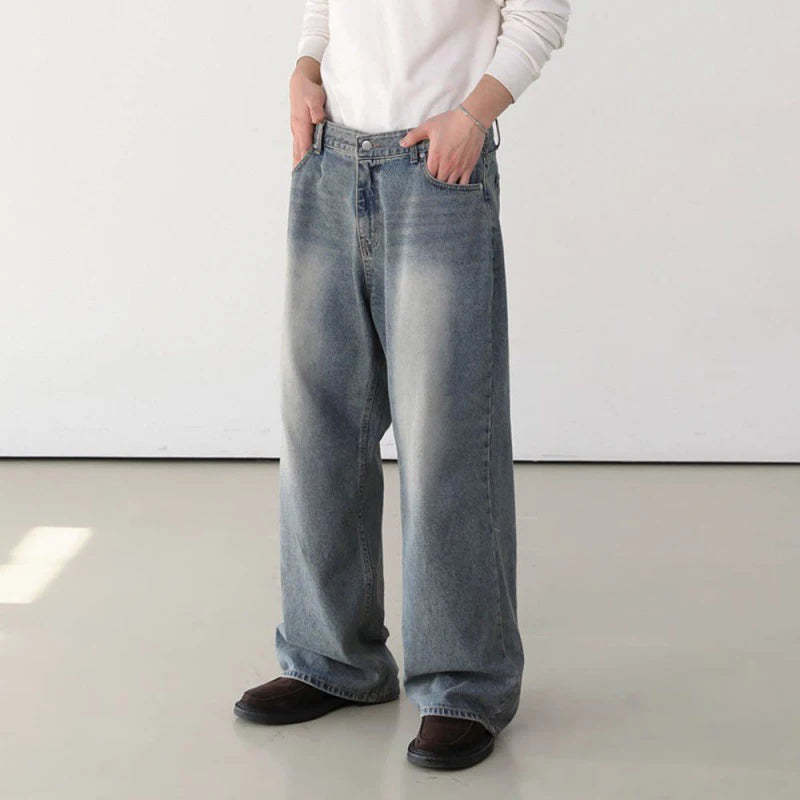 Korean Style Men's Denim Pants Worn-out Wshing Straight Casual Trousers Wide Leg Loose Solid Color Male Jeans 9C6909