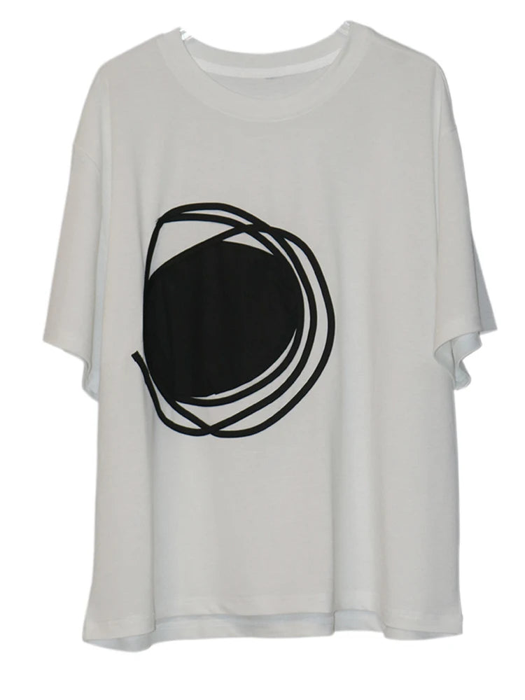 Women Whiite Pattern Printed Big Size Casual T-shirt New Round Neck Short Sleeve Fashion Tide Spring Summer 2025 1DJ0215