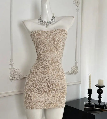 Summer 2024 Retro Beige Sequins Elegant Backless Birthday Party Short Dress Women Sexy Club Sleeveless Strapless Evening Dresses