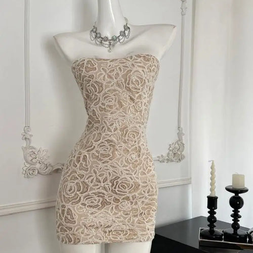 Load image into Gallery viewer, Summer 2024 Retro Beige Sequins Elegant Backless Birthday Party Short Dress Women Sexy Club Sleeveless Strapless Evening Dresses
