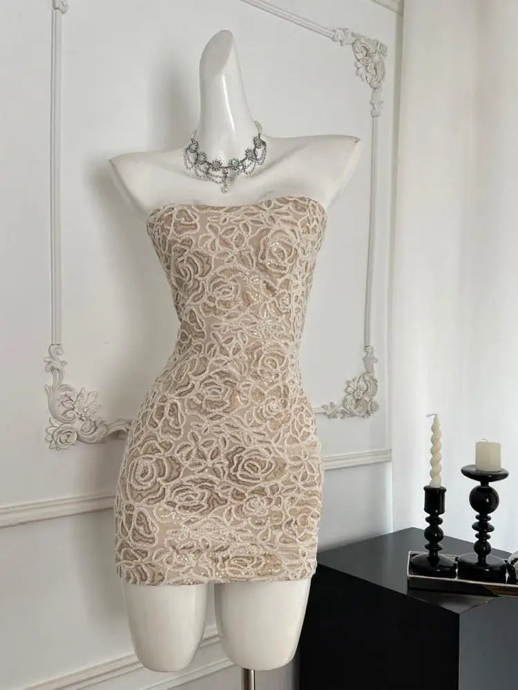 Summer 2024 Retro Beige Sequins Elegant Backless Birthday Party Short Dress Women Sexy Club Sleeveless Strapless Evening Dresses