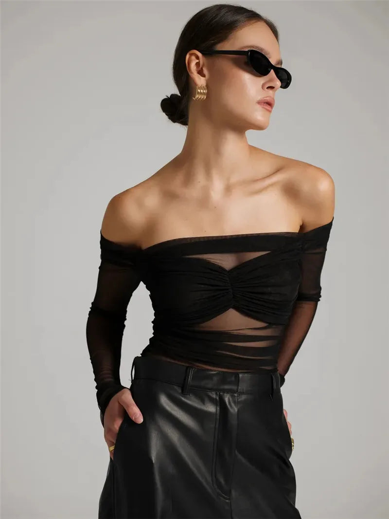 Summer Mesh Off-shoulder T-shirt Women Fashion Pleated Bust Backless Tees Tops Female Elegant Strapless See Through Top