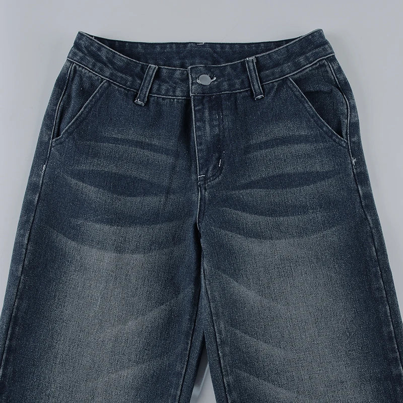 Fashion Washed Buttons Jeans For Women Loose Low Rise Basic Trousers Chic Style Pockets Straight Leg Denim Pants New