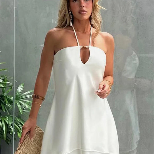 Load image into Gallery viewer, Halter Off-shoulder Backless Sexy Mini Dress Women White Hollow Out Strapless Lace-up A-line Club Dress Summer 2025
