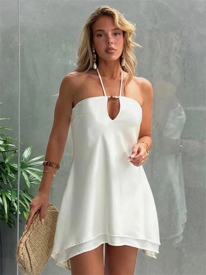 Halter Off-shoulder Backless Sexy Mini Dress Women White Hollow Out Strapless Lace-up A-line Club Dress Summer 2025