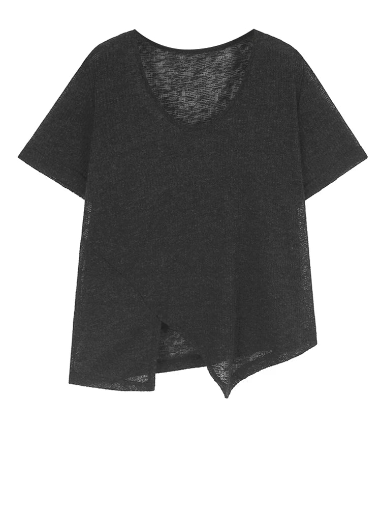 Women Black Thin Perspective Big Size Irregular T-shirt New Round Neck Short Sleeve Fashion Spring Summer 2025 1DJ1127