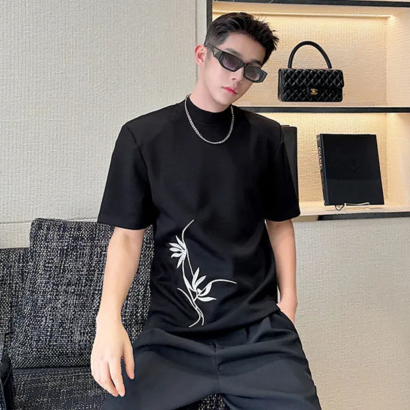 Men T-shirt Chinese Embroidered Half High Neck Slim Fit Bottom Top Short Sleeve Male T-shirts Spring Summer 9C5121