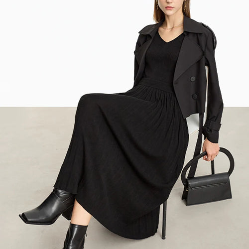 Load image into Gallery viewer, Minimalist 2024 Pleated Skirt for Women Clothing Autumn New Loose Elastic Waist Knitted Ankle-length A-line Skirts 12323091
