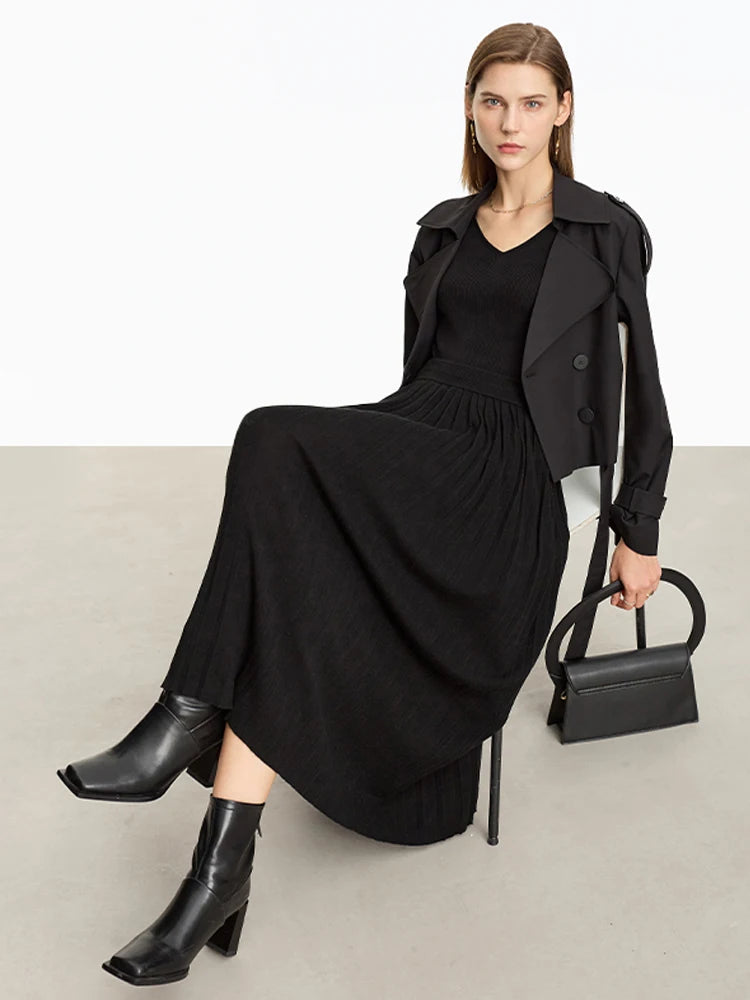 Minimalist 2024 Pleated Skirt for Women Clothing Autumn New Loose Elastic Waist Knitted Ankle-length A-line Skirts 12323091