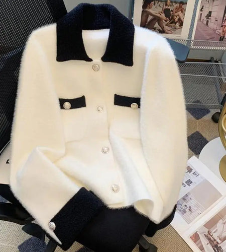 Autumn Winter Retro Sweet Pink White Patchwork Elegant Knitted Cardigan Tops Women French Single Breasted Long Sleeve Sweaters